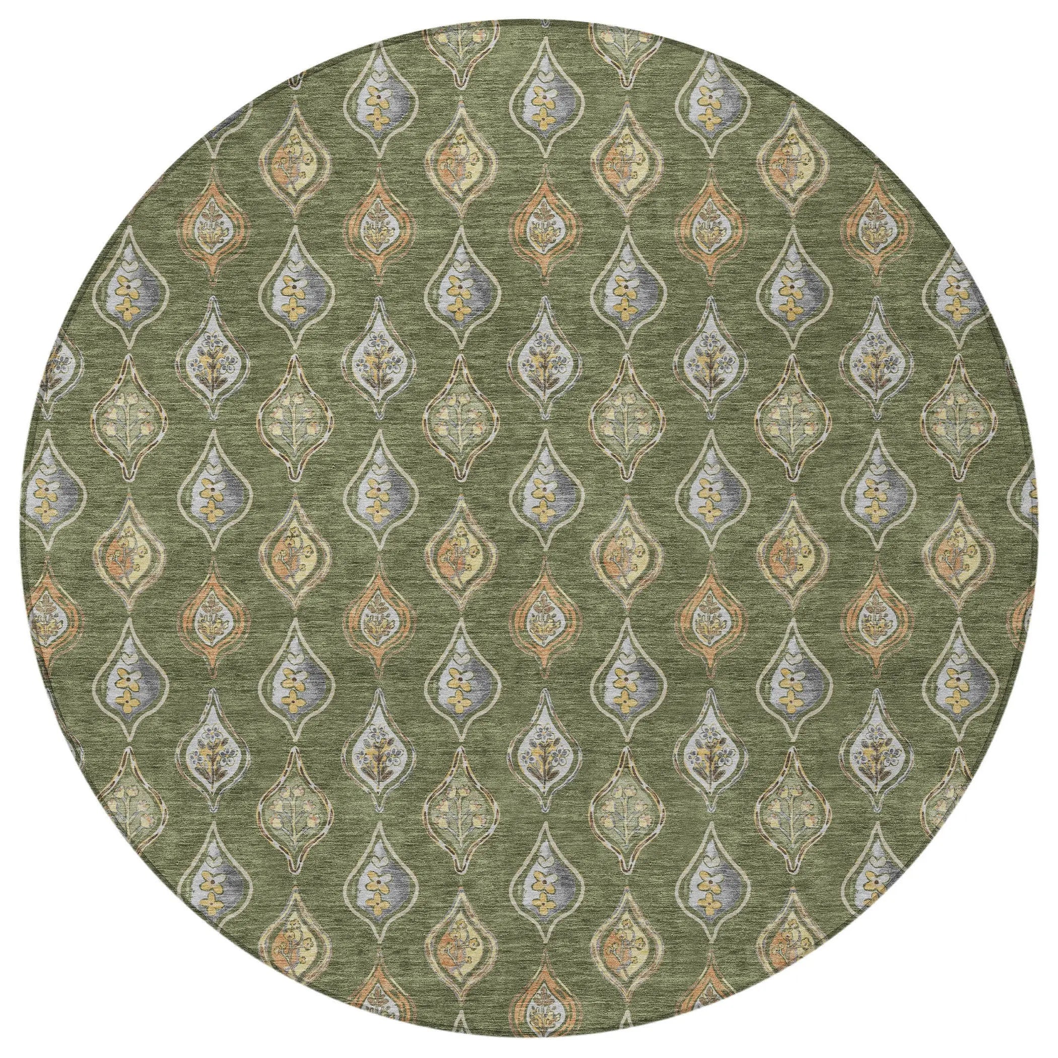 8' Olive Green And Green Round Floral Washable Indoor Outdoor Area Rug Homeroots Outdoor