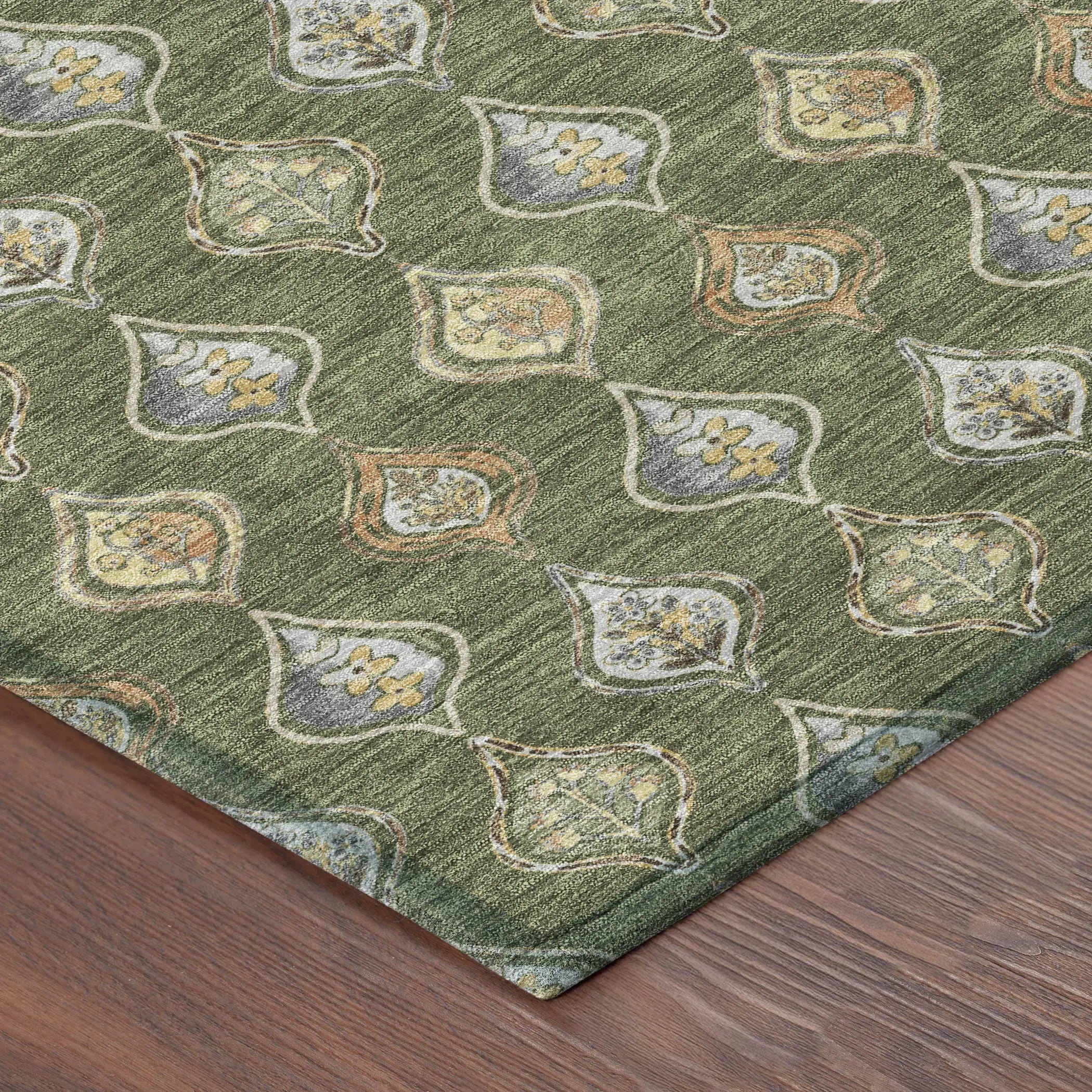 8' Olive Green And Green Round Floral Washable Indoor Outdoor Area Rug Homeroots Outdoor