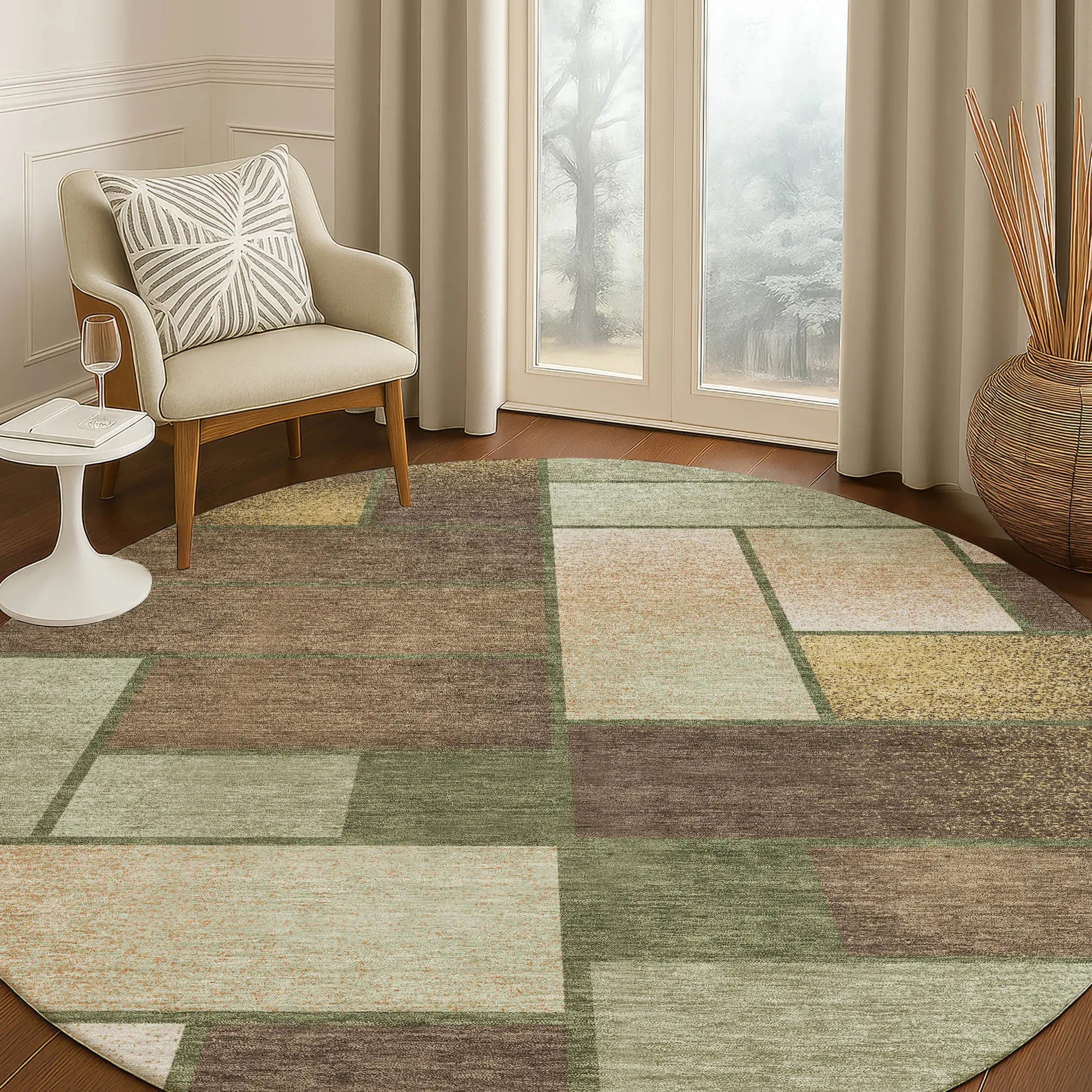 8' Olive Green And Green Round Geometric Washable Indoor Outdoor Area Rug Homeroots Outdoor
