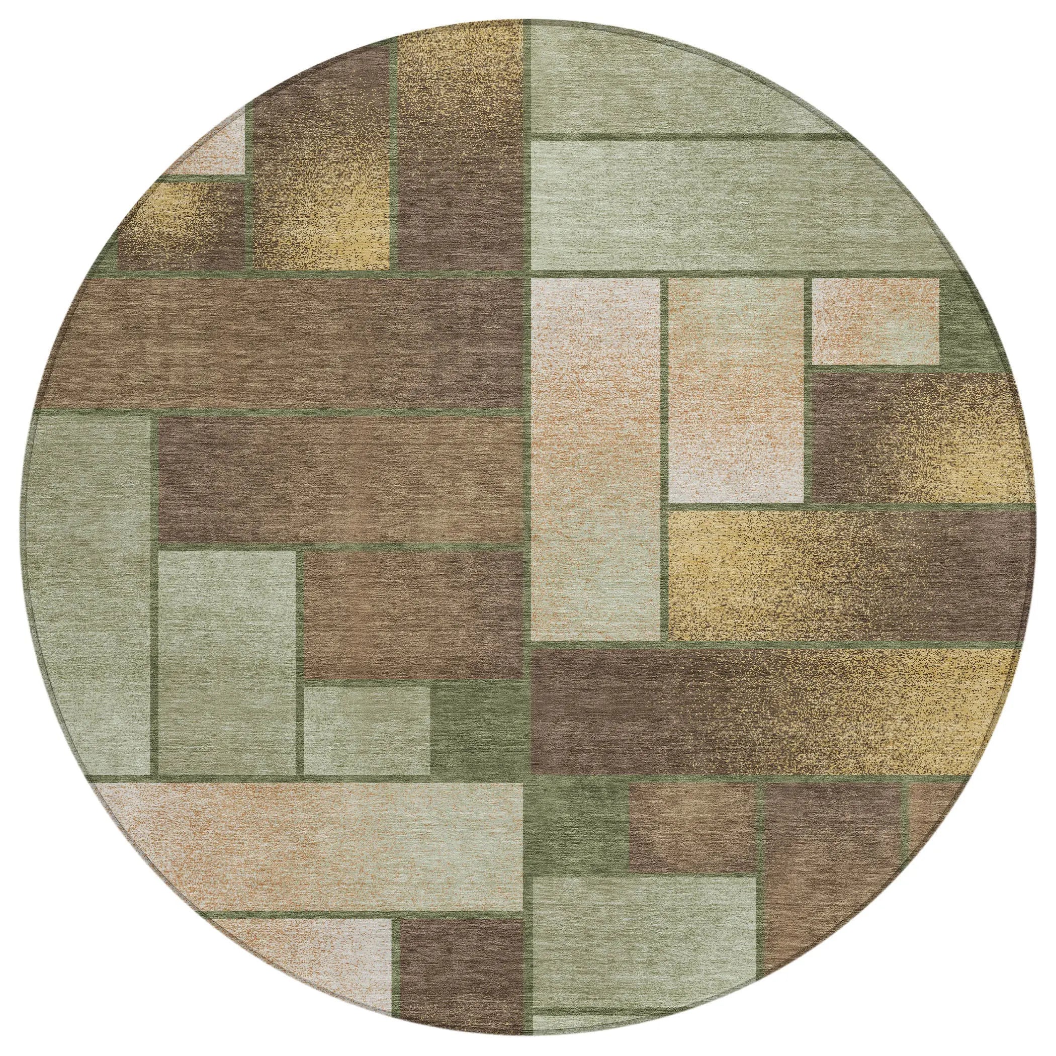 8' Olive Green And Green Round Geometric Washable Indoor Outdoor Area Rug Homeroots Outdoor