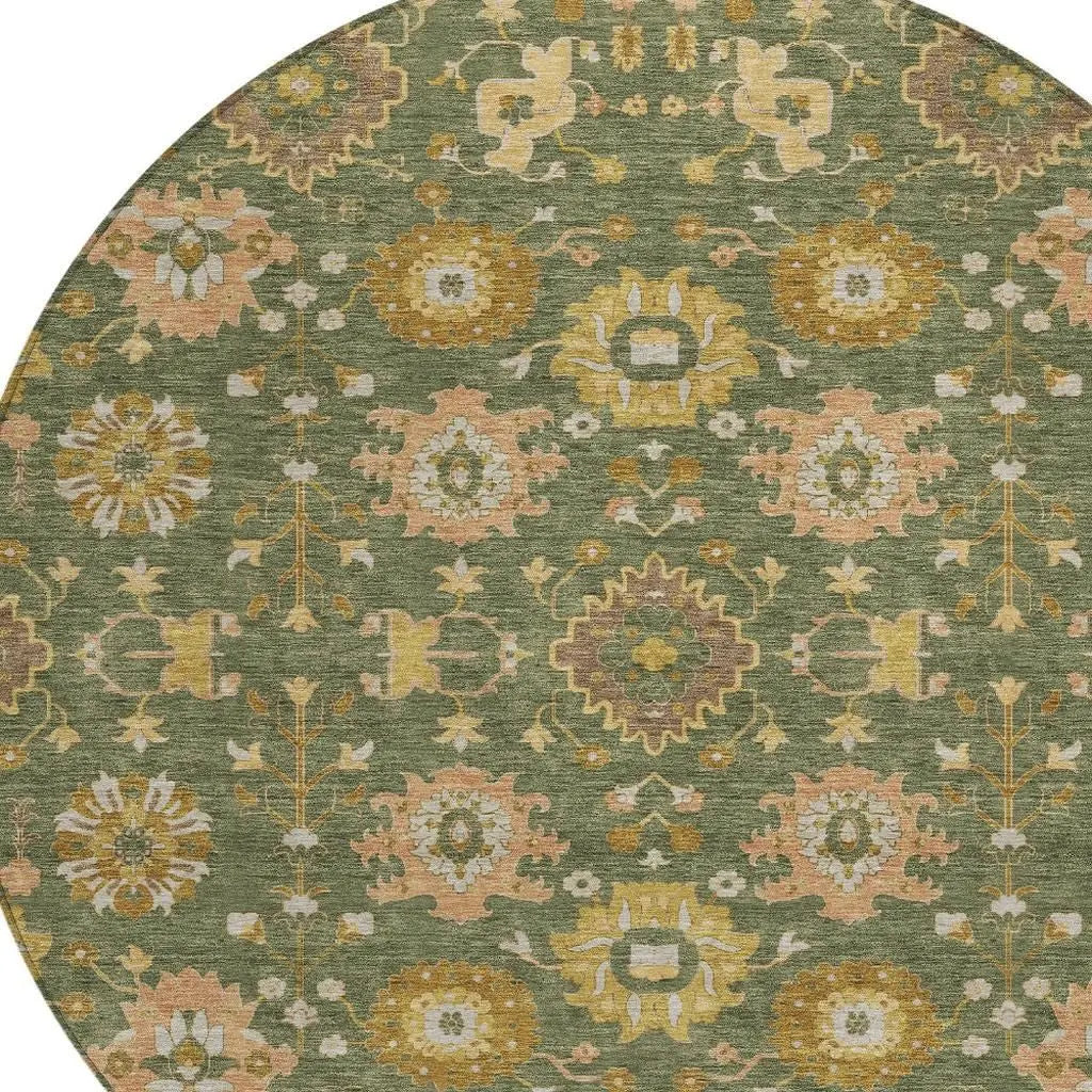 8' Olive Green And Green Round Geometric Washable Indoor Outdoor Area Rug Homeroots Outdoor
