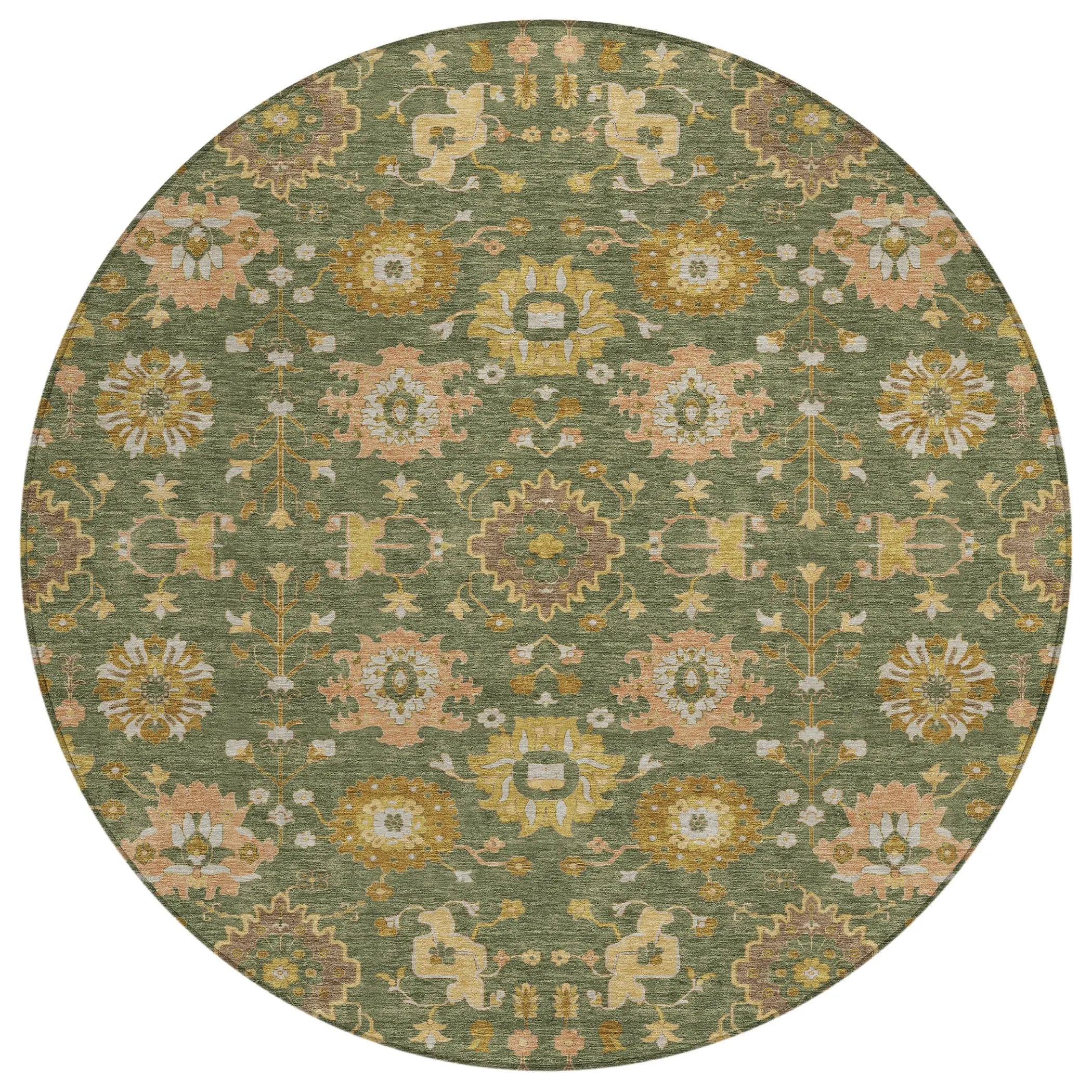8' Olive Green And Green Round Geometric Washable Indoor Outdoor Area Rug Homeroots Outdoor