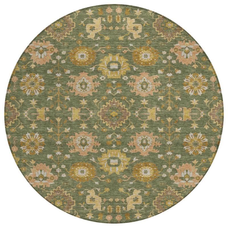 8' Olive Green And Green Round Geometric Washable Indoor Outdoor Area Rug Homeroots Outdoor