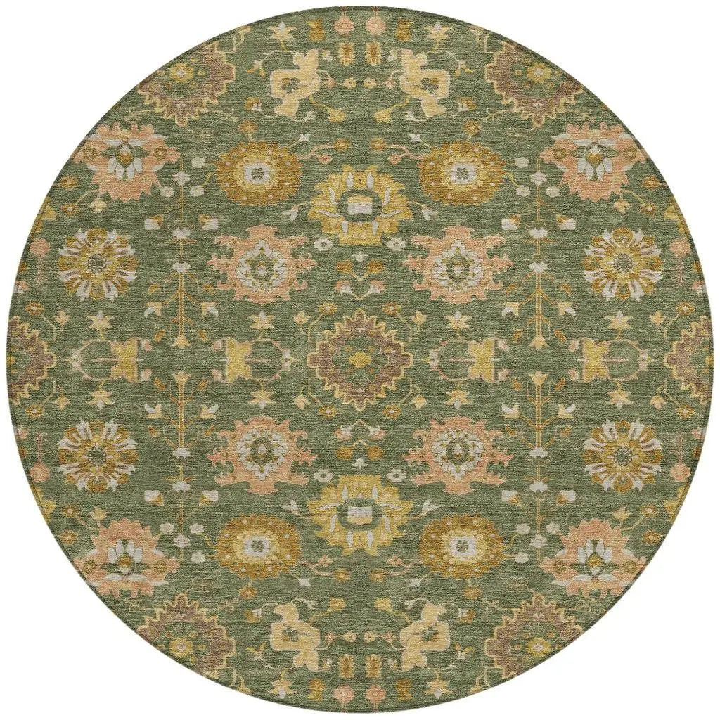 8' Olive Green And Green Round Geometric Washable Indoor Outdoor Area Rug Homeroots Outdoor