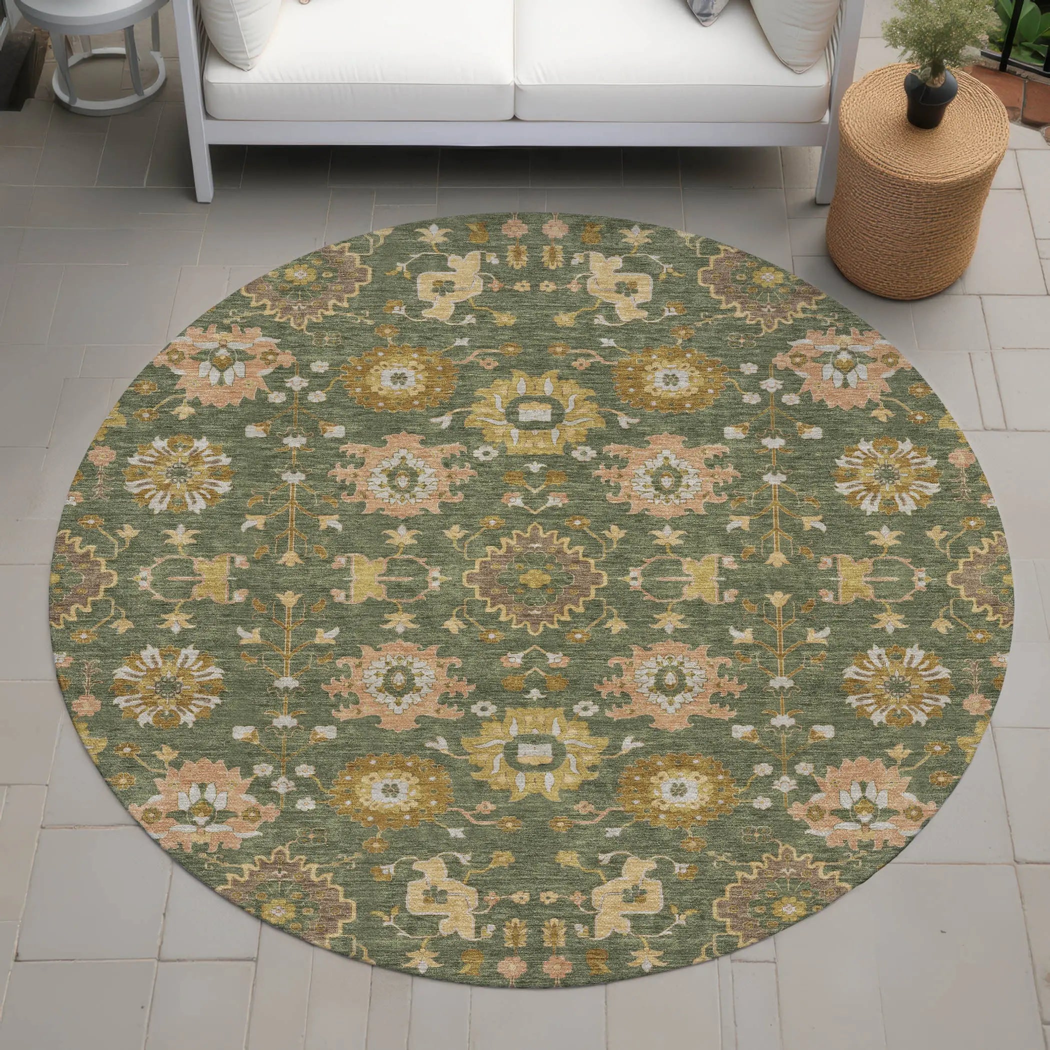 8' Olive Green And Green Round Geometric Washable Indoor Outdoor Area Rug Homeroots Outdoor