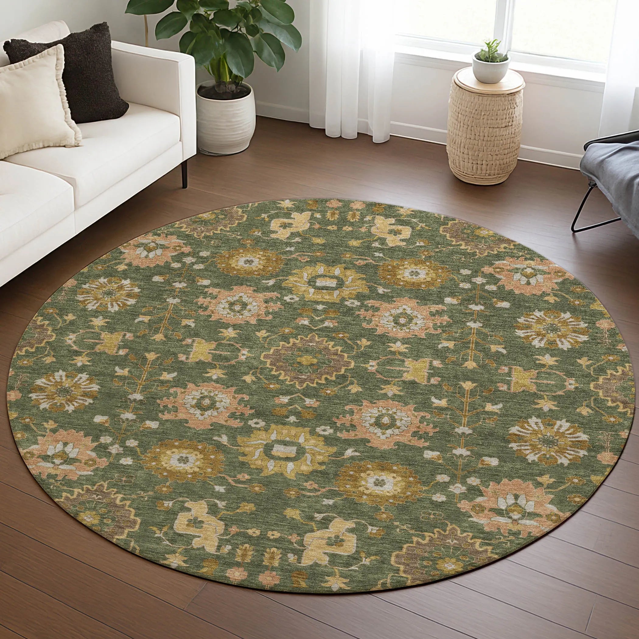 8' Olive Green And Green Round Geometric Washable Indoor Outdoor Area Rug Homeroots Outdoor
