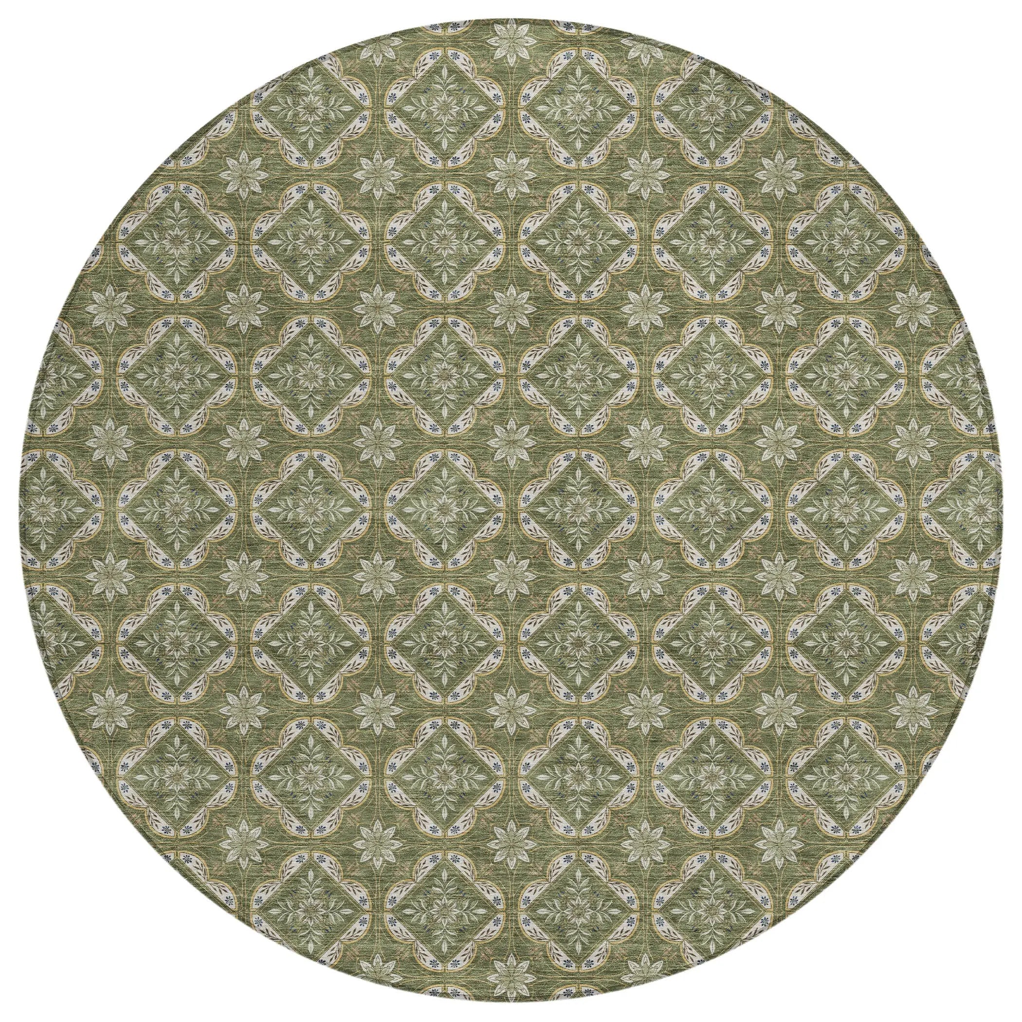 8' Olive Green And Green Round Geometric Washable Indoor Outdoor Area Rug Homeroots Outdoor