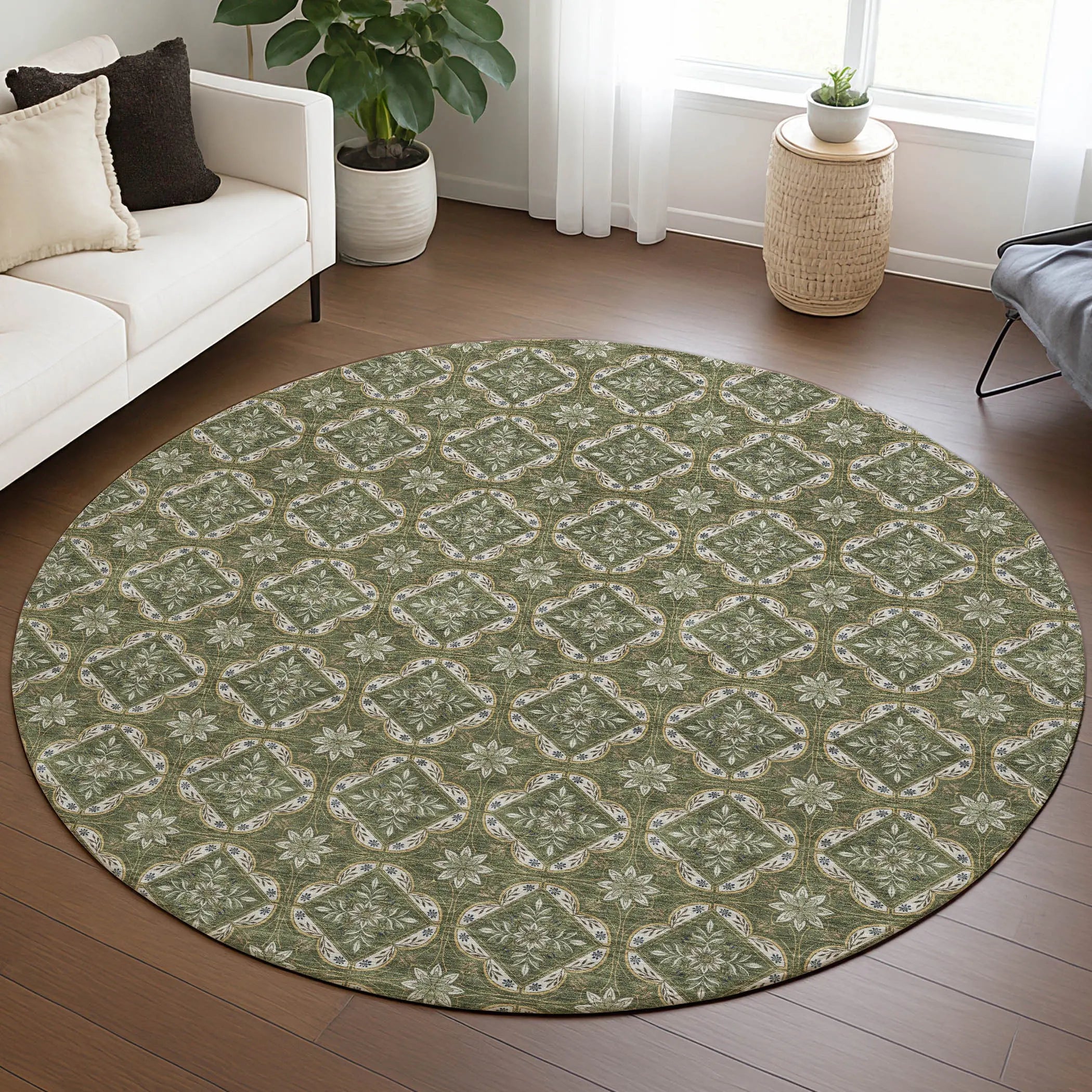 8' Olive Green And Green Round Geometric Washable Indoor Outdoor Area Rug Homeroots Outdoor