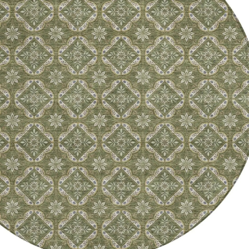8' Olive Green And Green Round Geometric Washable Indoor Outdoor Area Rug Homeroots Outdoor