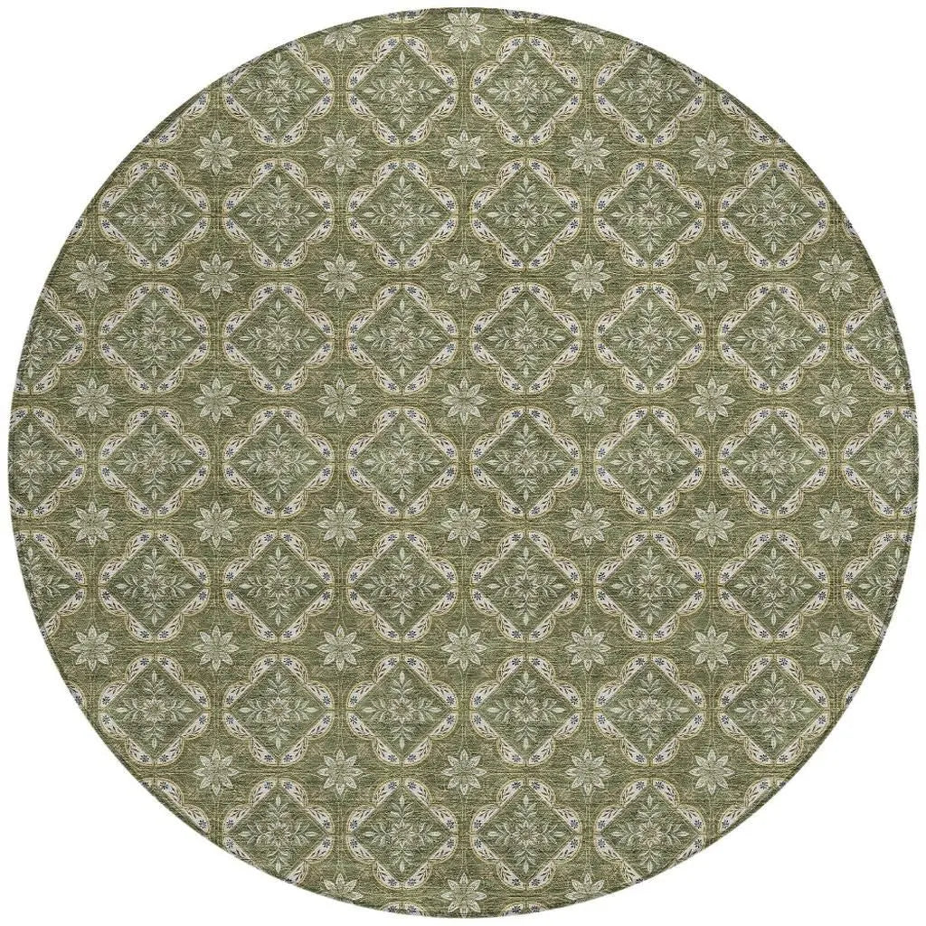 8' Olive Green And Green Round Geometric Washable Indoor Outdoor Area Rug Homeroots Outdoor