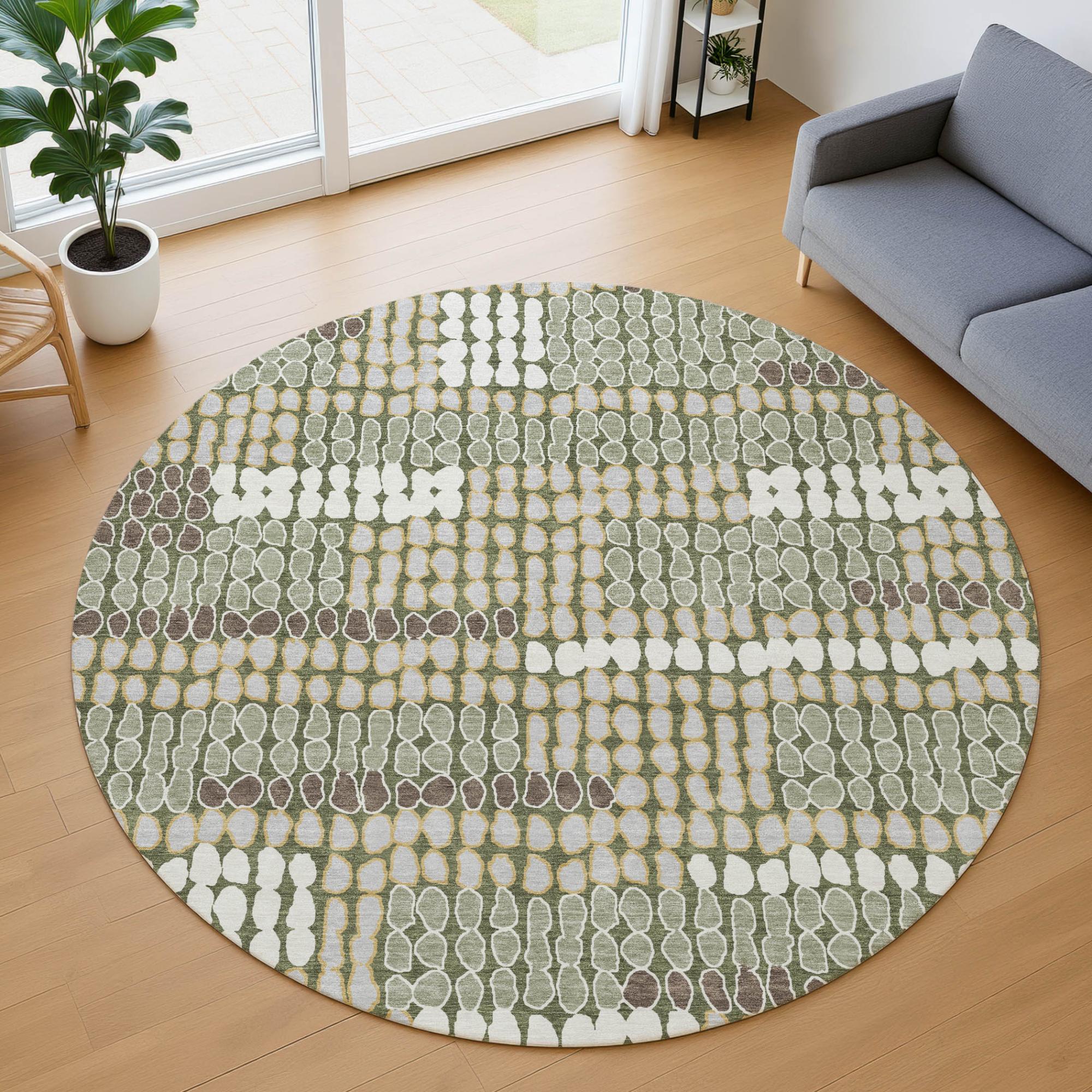 8' Olive Green And Green Round Geometric Washable Indoor Outdoor Area Rug Homeroots Outdoor