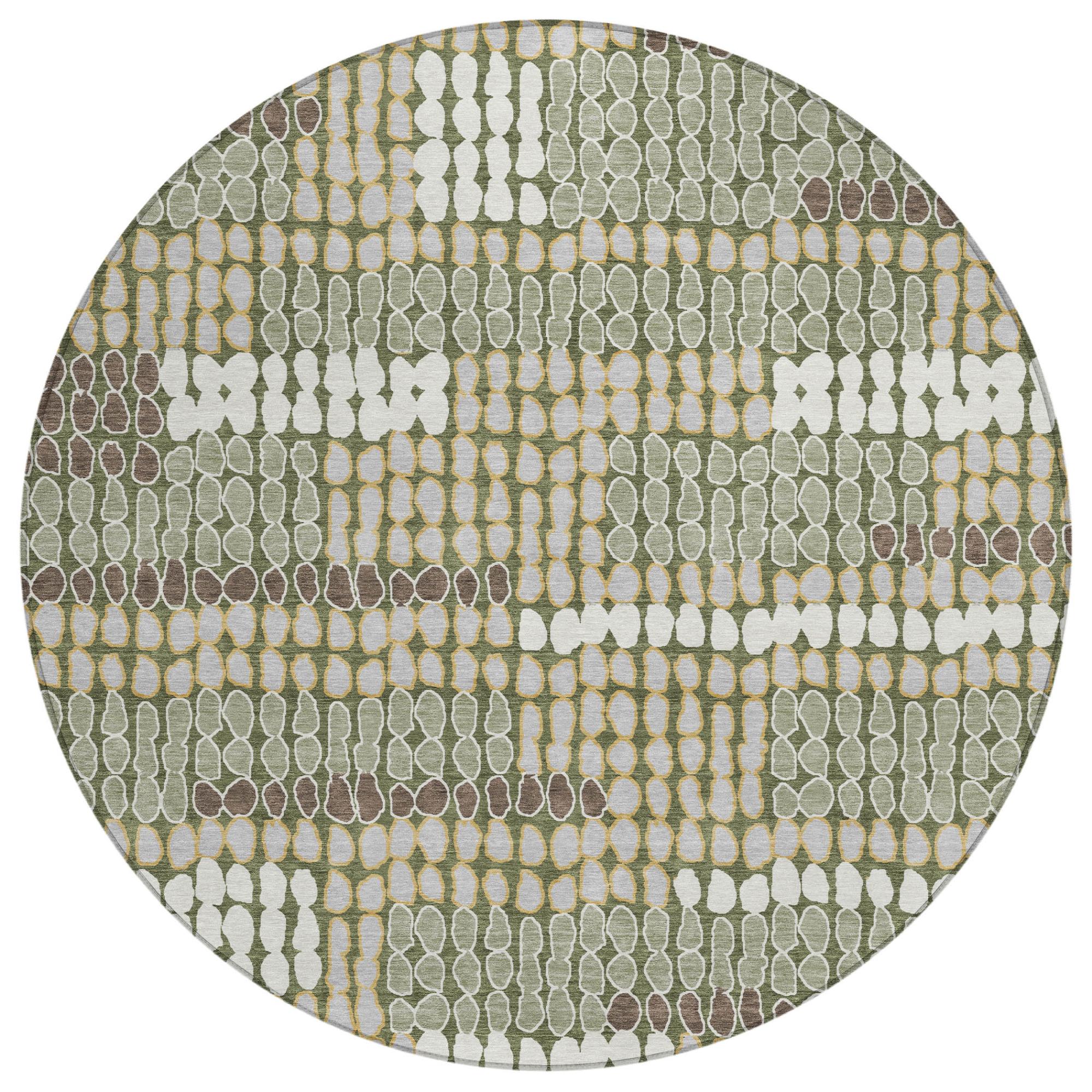 8' Olive Green And Green Round Geometric Washable Indoor Outdoor Area Rug Homeroots Outdoor