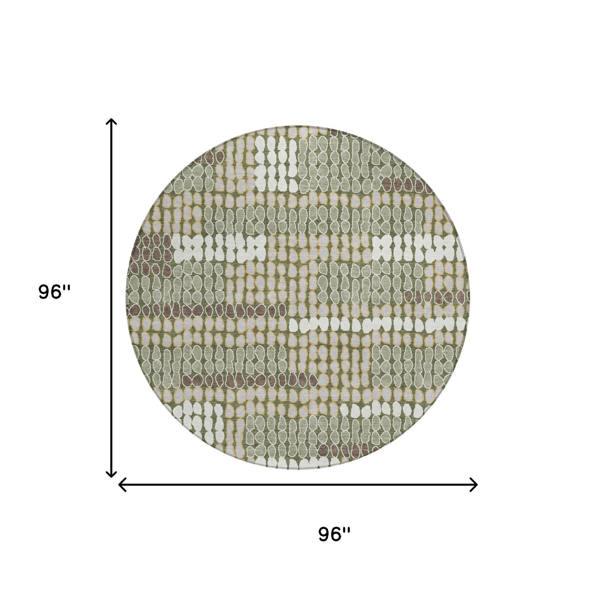 8' Olive Green And Green Round Geometric Washable Indoor Outdoor Area Rug Homeroots Outdoor