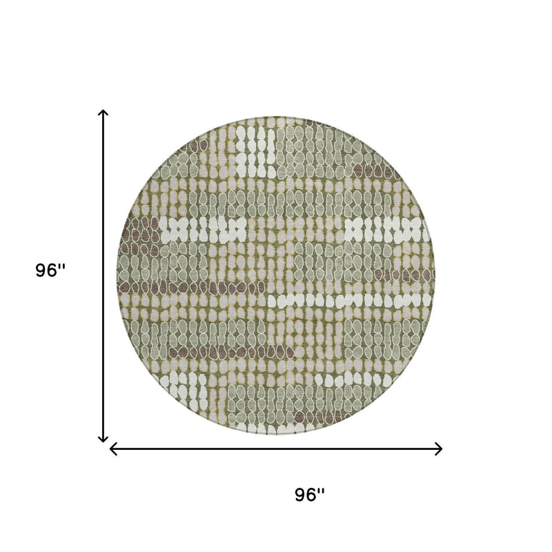 8' Olive Green And Green Round Geometric Washable Indoor Outdoor Area Rug Homeroots Outdoor