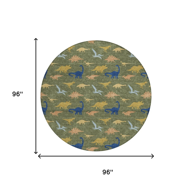 8' Olive Green And Green Round Geometric Washable Indoor Outdoor Area Rug Homeroots Outdoor
