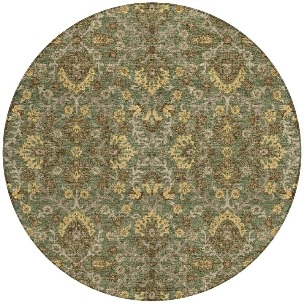 8' Olive Green And Green Round Geometric Washable Indoor Outdoor Area Rug Homeroots Outdoor