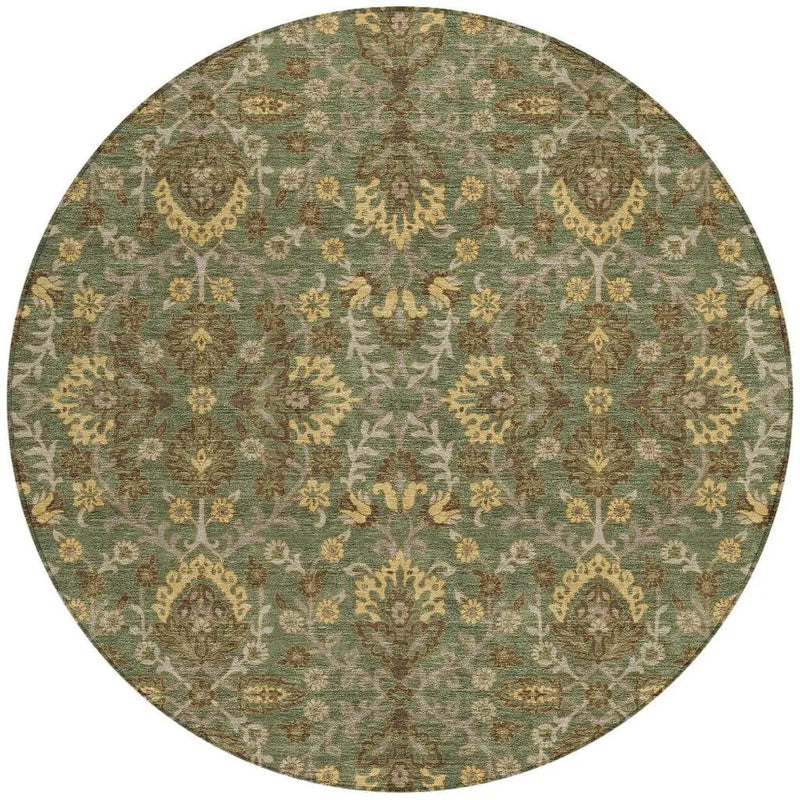 8' Olive Green And Green Round Geometric Washable Indoor Outdoor Area Rug Homeroots Outdoor