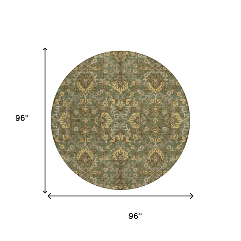 8' Olive Green And Green Round Geometric Washable Indoor Outdoor Area Rug Homeroots Outdoor