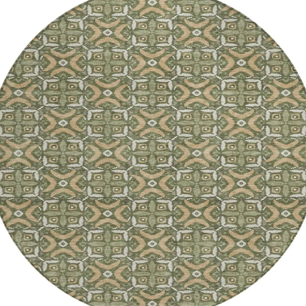 8' Olive Green And Green Round Geometric Washable Indoor Outdoor Area Rug Homeroots Outdoor