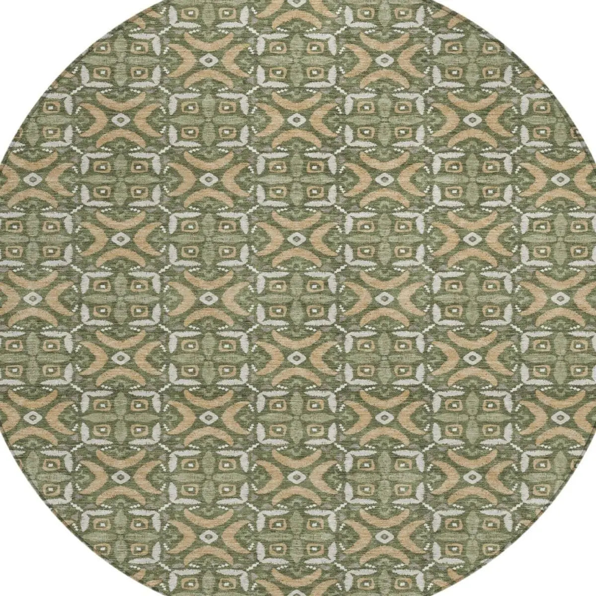8' Olive Green And Green Round Geometric Washable Indoor Outdoor Area Rug Homeroots Outdoor