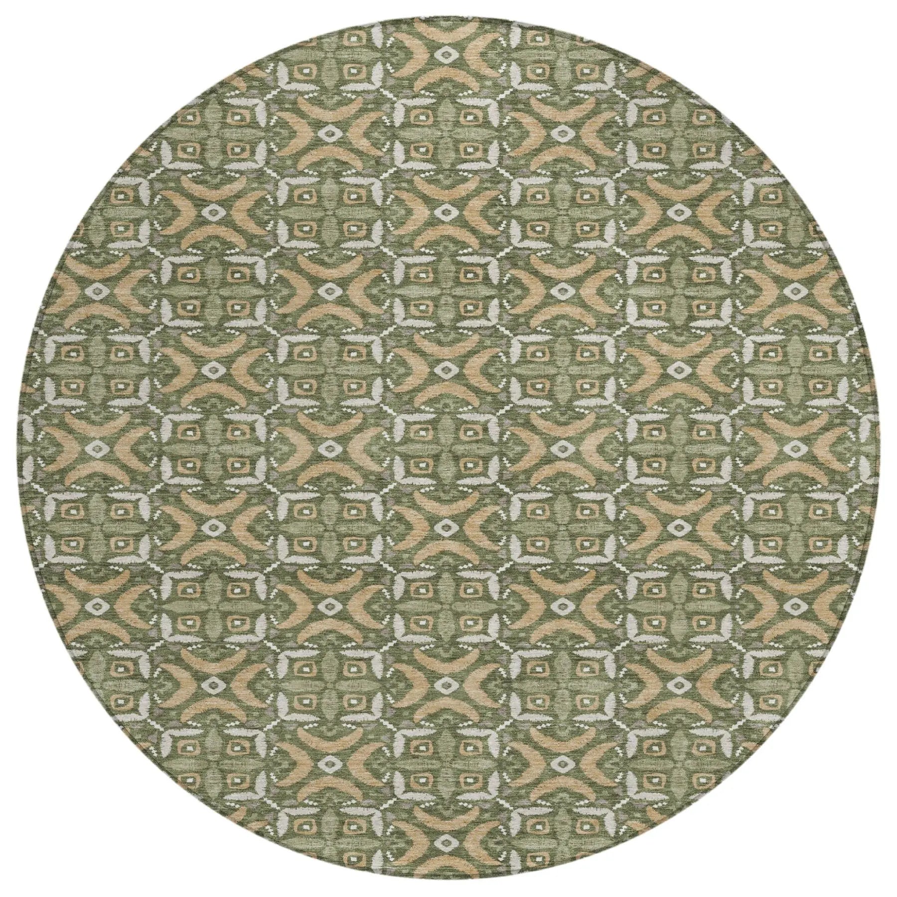 8' Olive Green And Green Round Geometric Washable Indoor Outdoor Area Rug Homeroots Outdoor