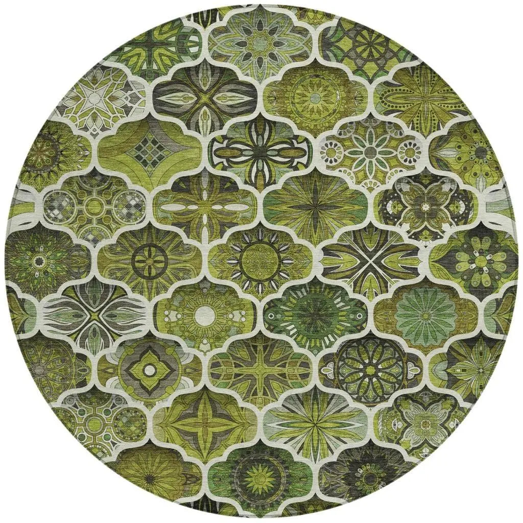 8' Olive Green And Green Round Ogee Washable Indoor Outdoor Area Rug Homeroots Outdoor