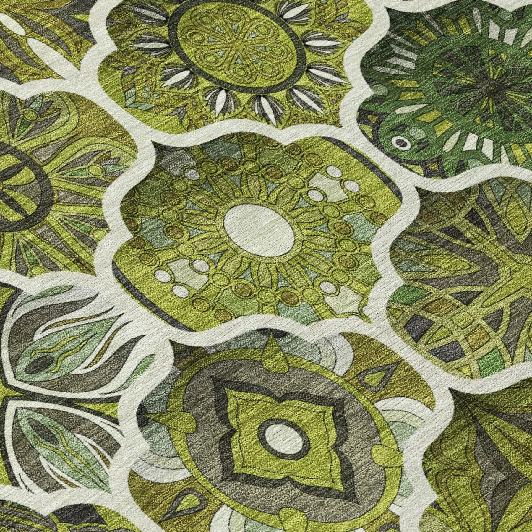 8' Olive Green And Green Round Ogee Washable Indoor Outdoor Area Rug Homeroots Outdoor