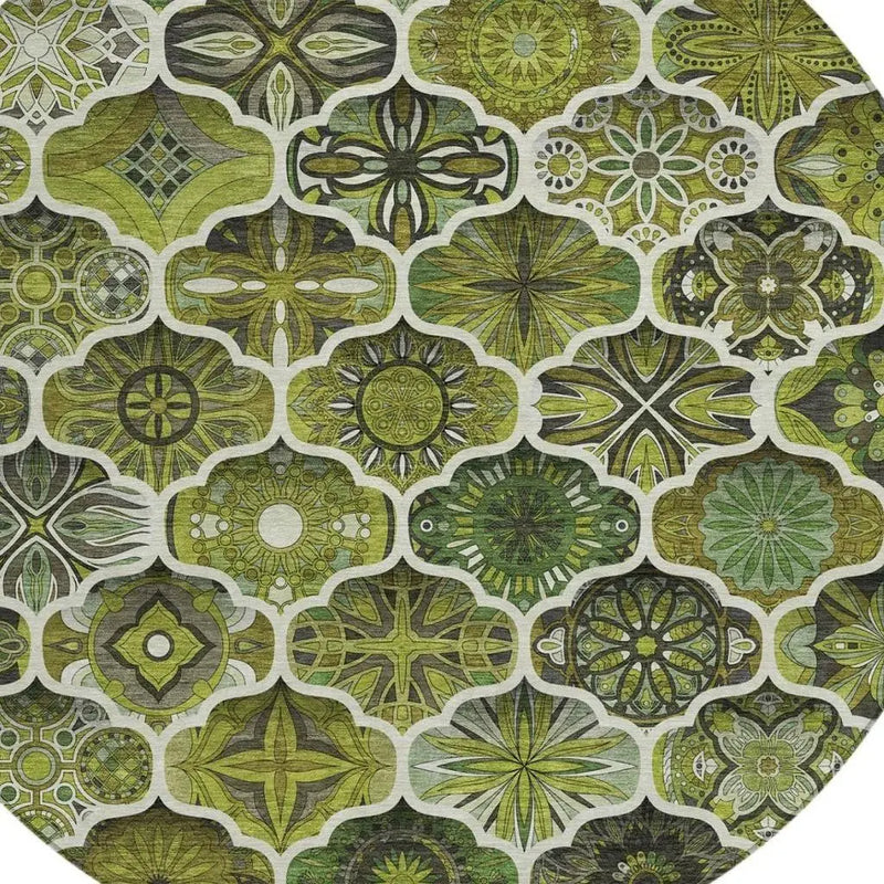 8' Olive Green And Green Round Ogee Washable Indoor Outdoor Area Rug Homeroots Outdoor