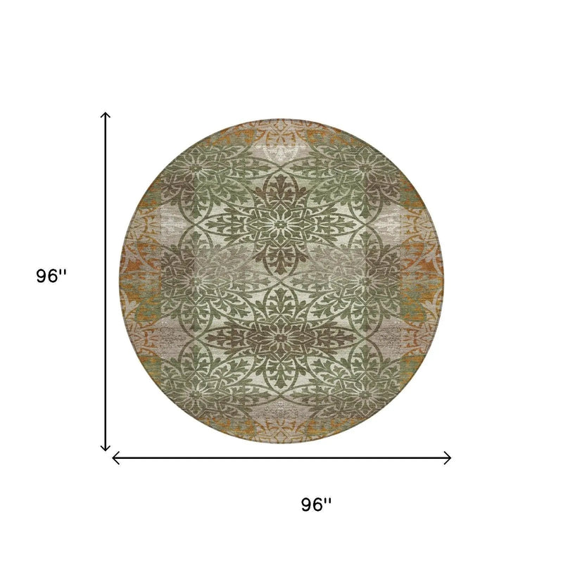 8' Olive Green And Green Round Oriental Washable Indoor Outdoor Area Rug Homeroots Outdoor