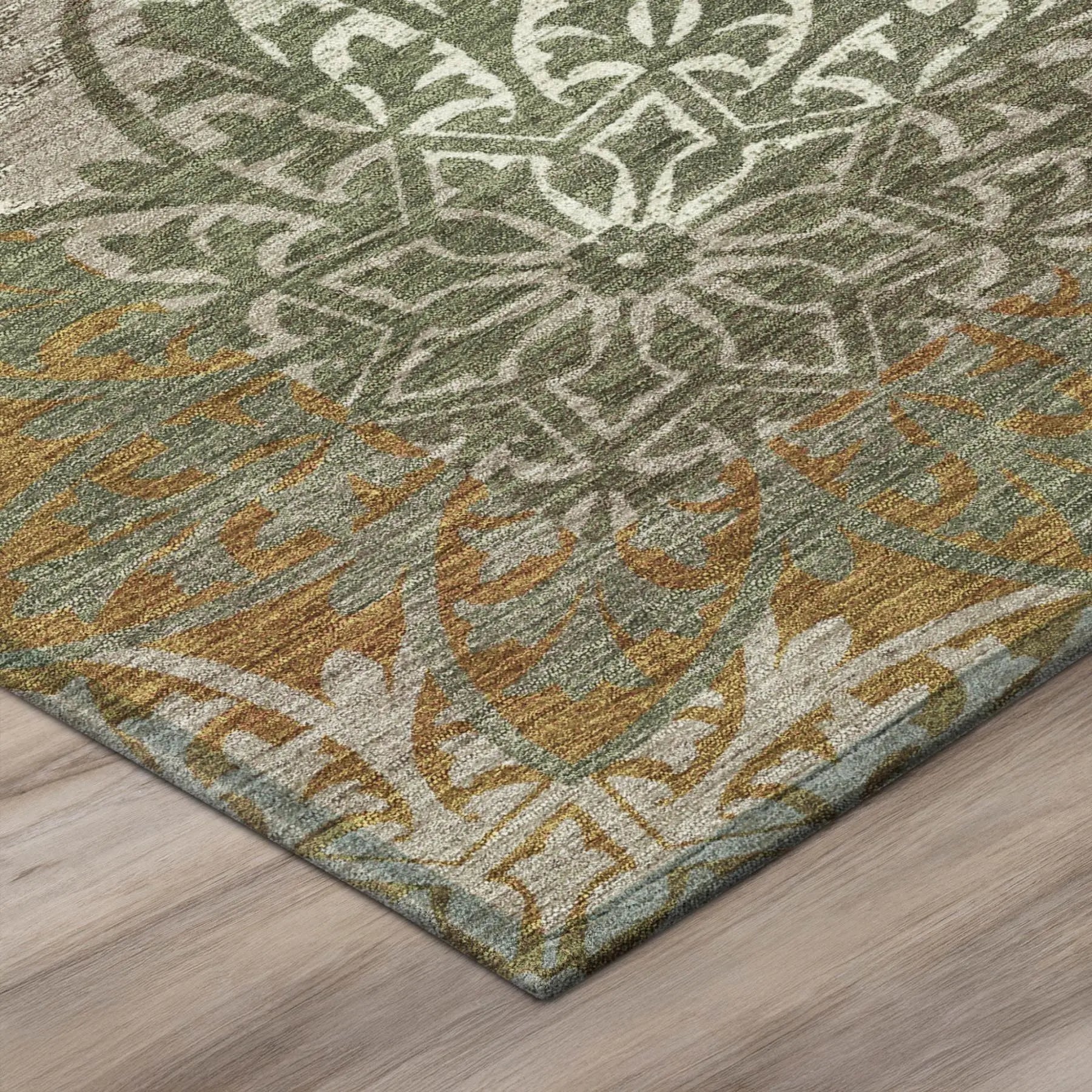 8' Olive Green And Green Round Oriental Washable Indoor Outdoor Area Rug Homeroots Outdoor