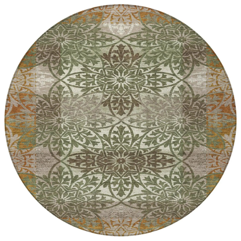 8' Olive Green And Green Round Oriental Washable Indoor Outdoor Area Rug Homeroots Outdoor