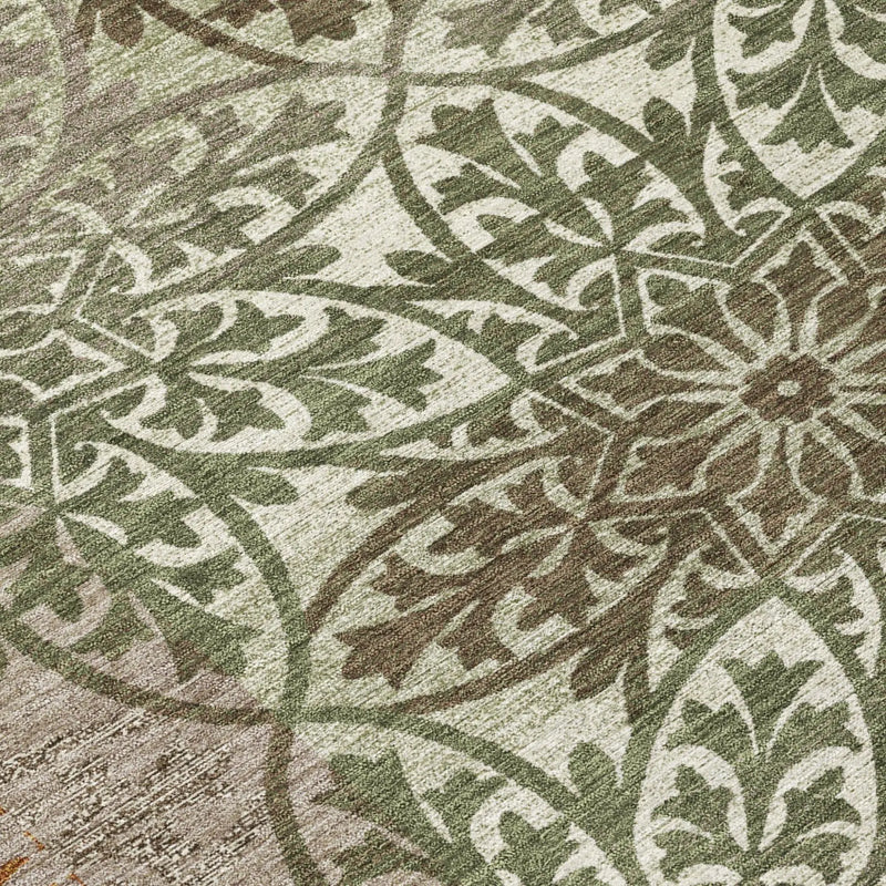 8' Olive Green And Green Round Oriental Washable Indoor Outdoor Area Rug Homeroots Outdoor