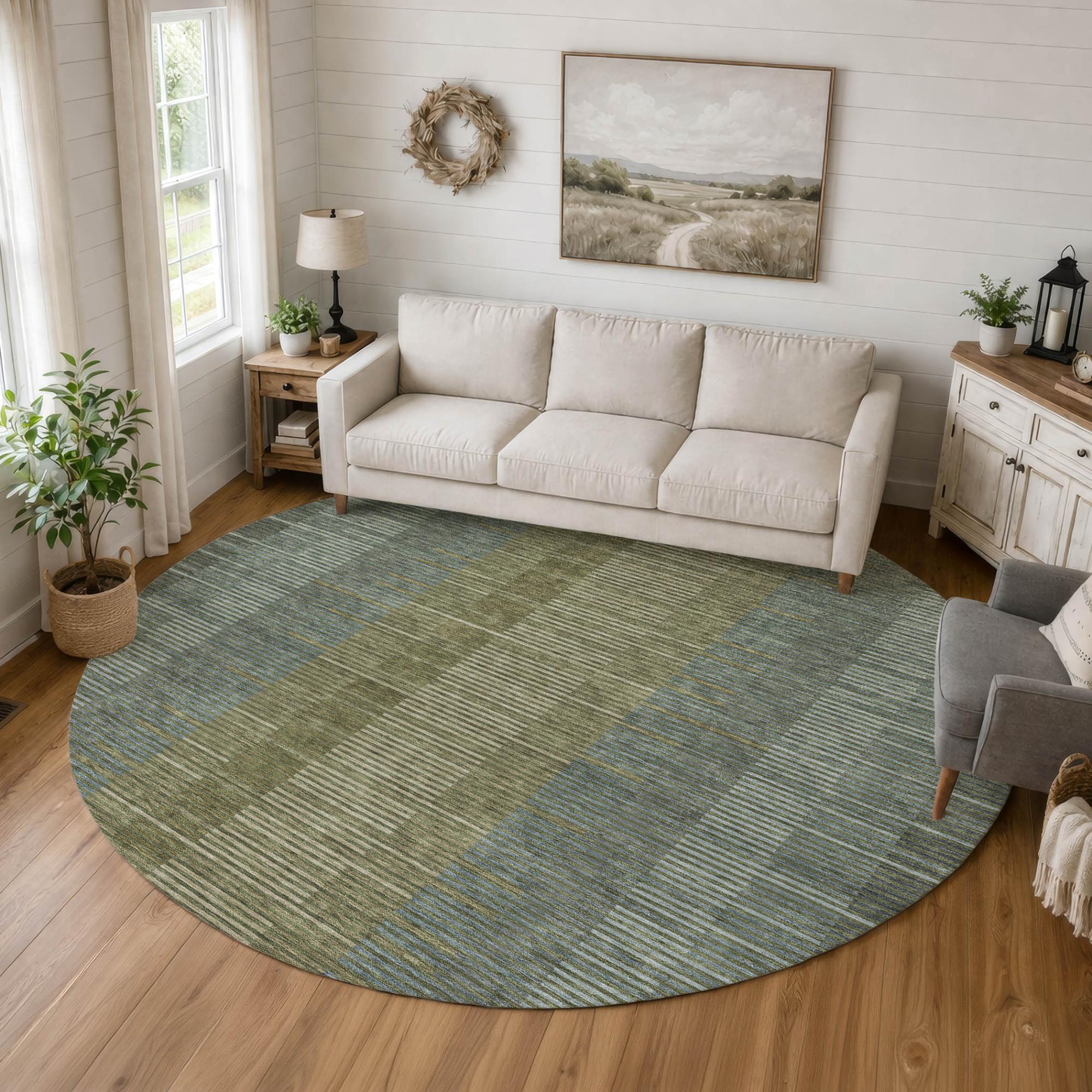 8' Olive Green And Green Round Striped Washable Indoor Outdoor Area Rug Homeroots Outdoor