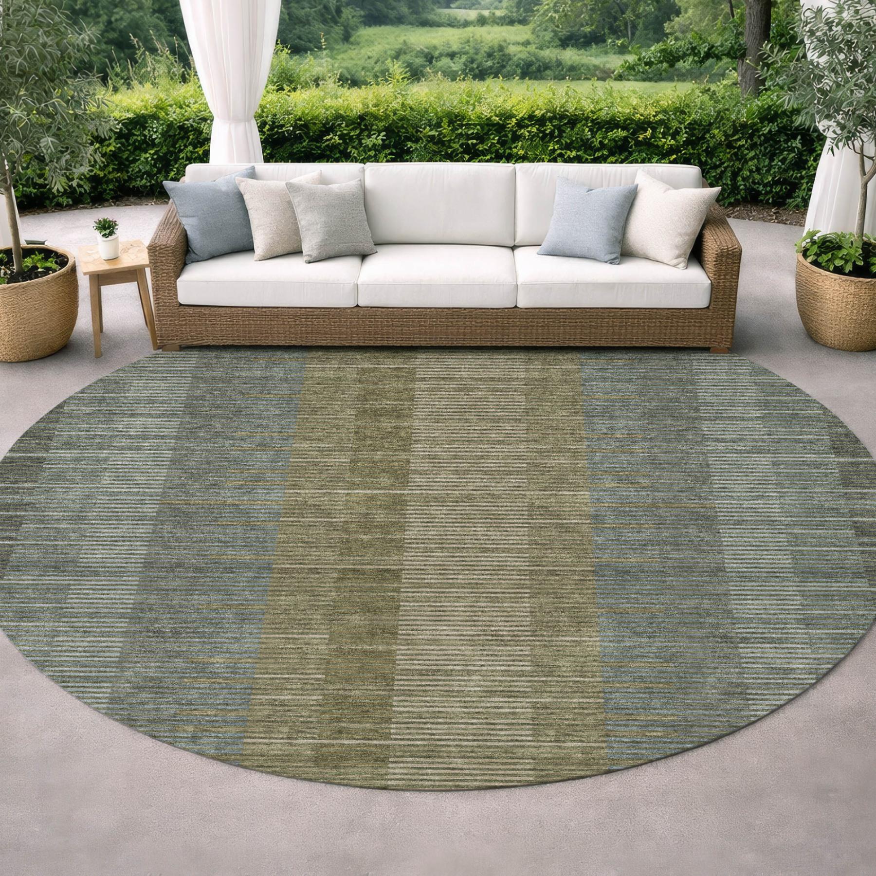8' Olive Green And Green Round Striped Washable Indoor Outdoor Area Rug Homeroots Outdoor
