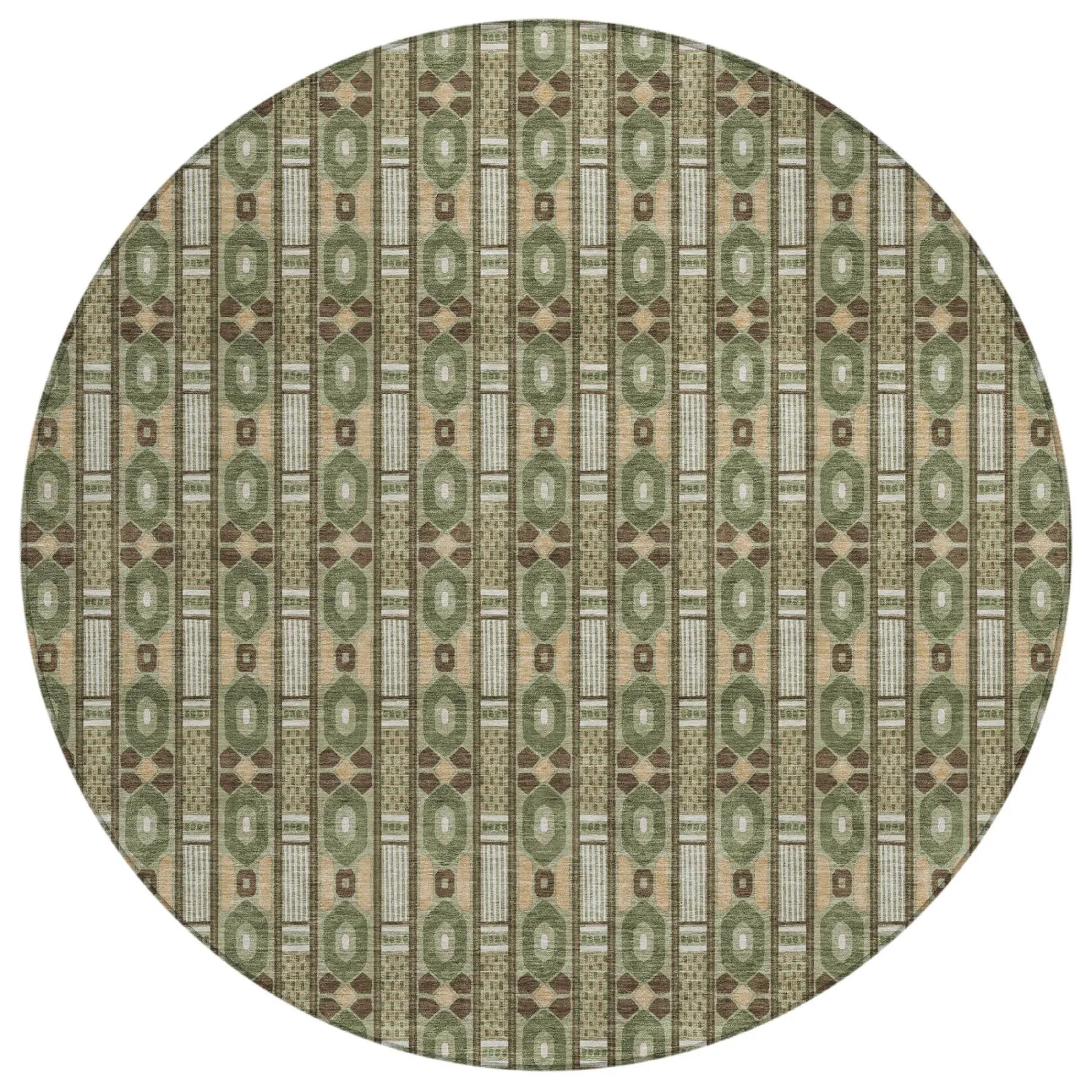 8' Olive Green And Green Round Striped Washable Indoor Outdoor Area Rug Homeroots Outdoor