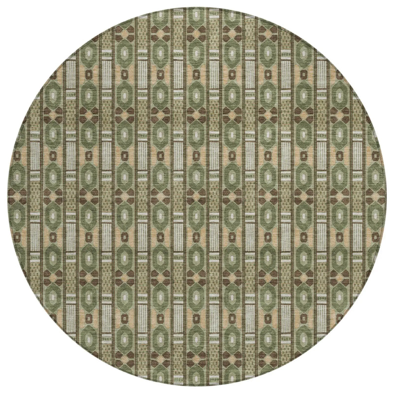 8' Olive Green And Green Round Striped Washable Indoor Outdoor Area Rug Homeroots Outdoor