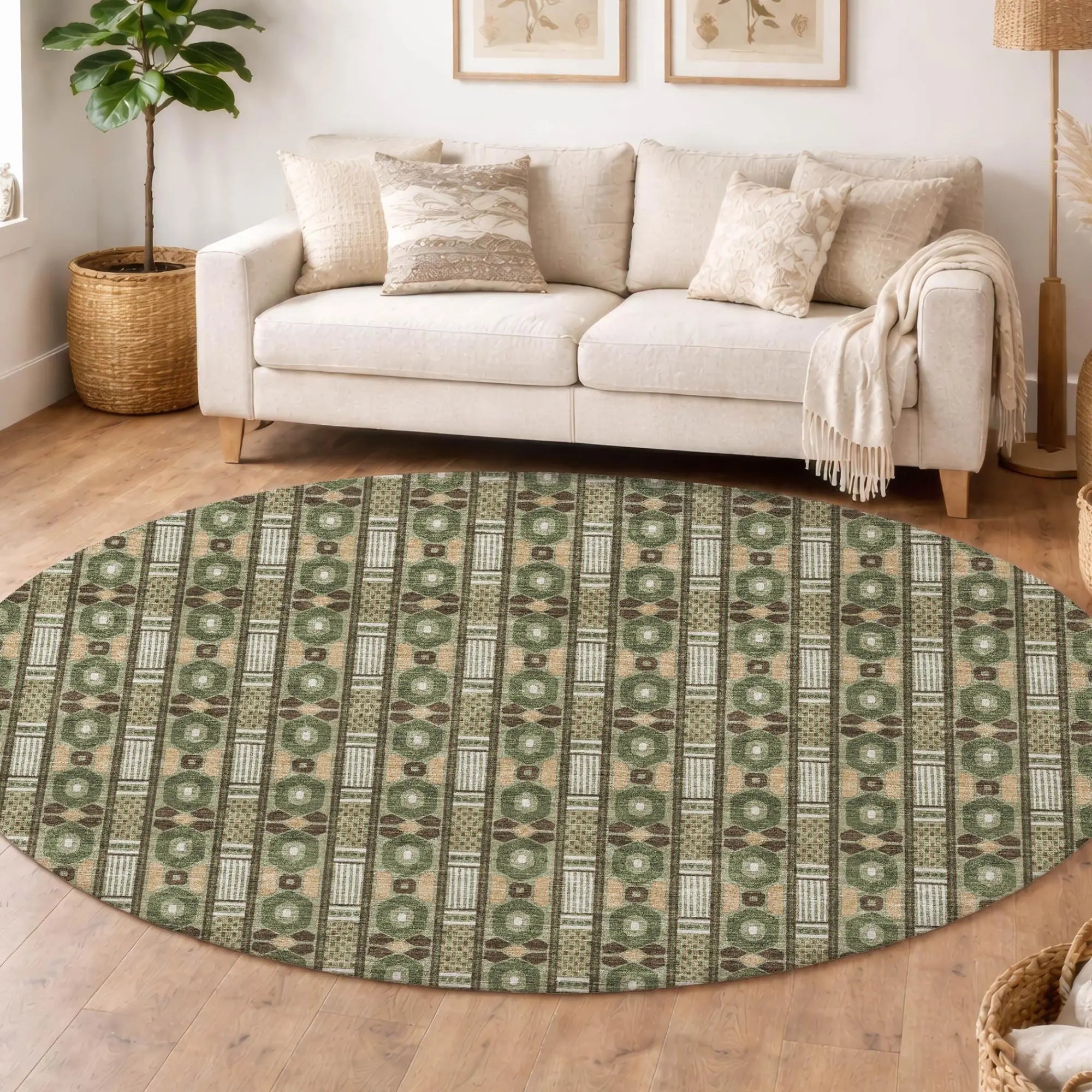 8' Olive Green And Green Round Striped Washable Indoor Outdoor Area Rug Homeroots Outdoor