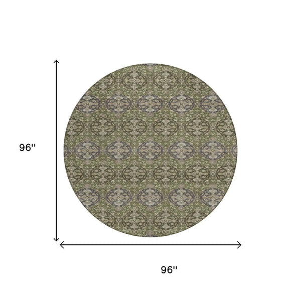 8' Olive Green And Green Round Striped Washable Indoor Outdoor Area Rug Homeroots Outdoor