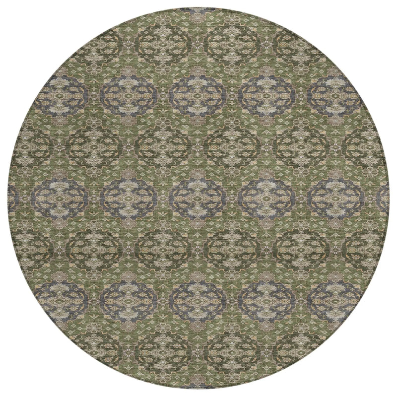 8' Olive Green And Green Round Striped Washable Indoor Outdoor Area Rug Homeroots Outdoor