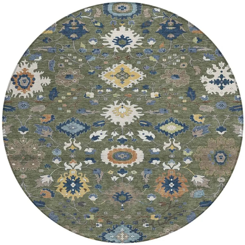 8' Olive Green And Ivory Round Floral Medallion Washable Indoor Outdoor Area Rug Homeroots Outdoor