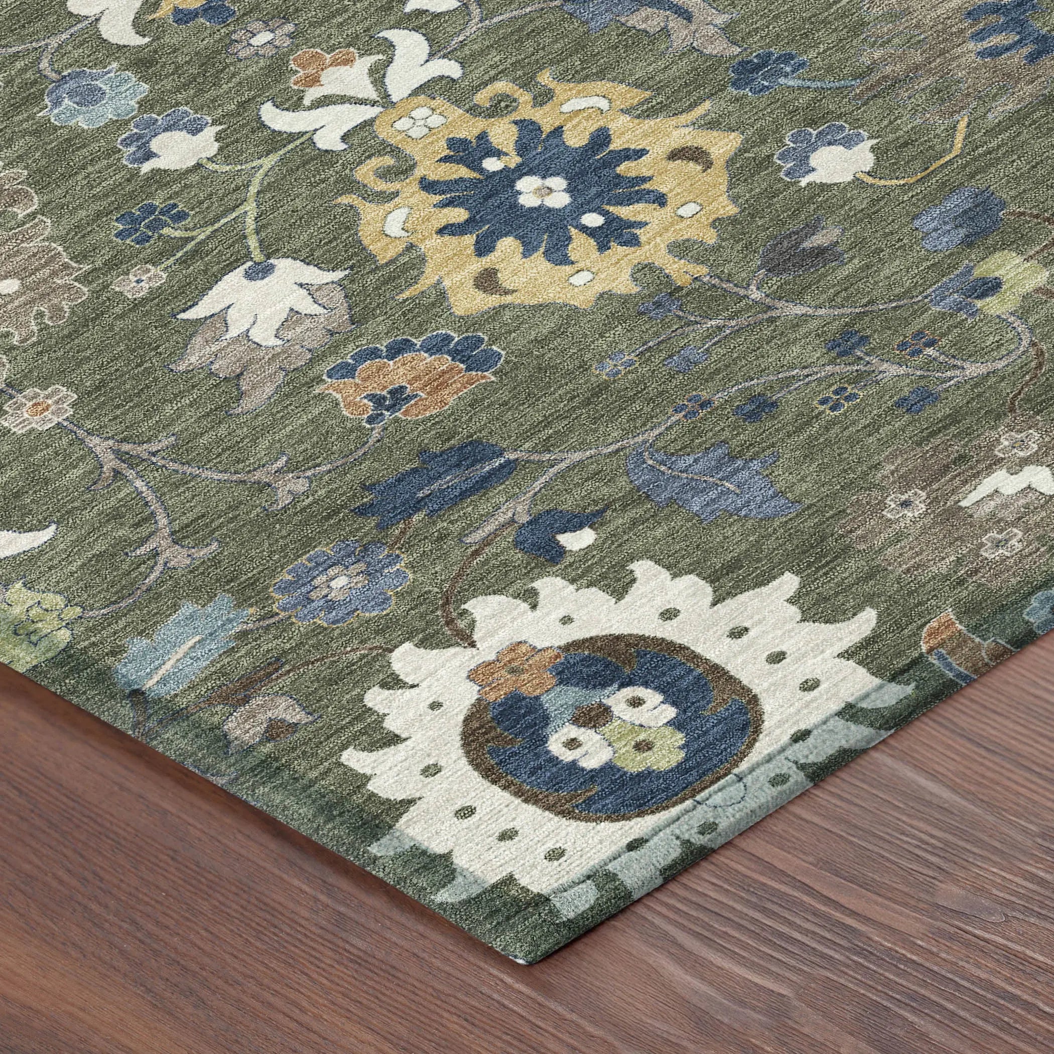 8' Olive Green And Ivory Round Floral Medallion Washable Indoor Outdoor Area Rug Homeroots Outdoor
