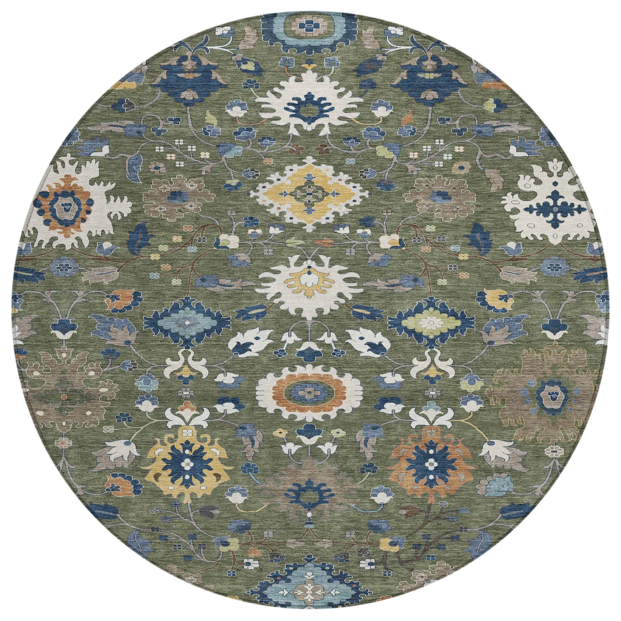 8' Olive Green And Ivory Round Floral Medallion Washable Indoor Outdoor Area Rug Homeroots Outdoor