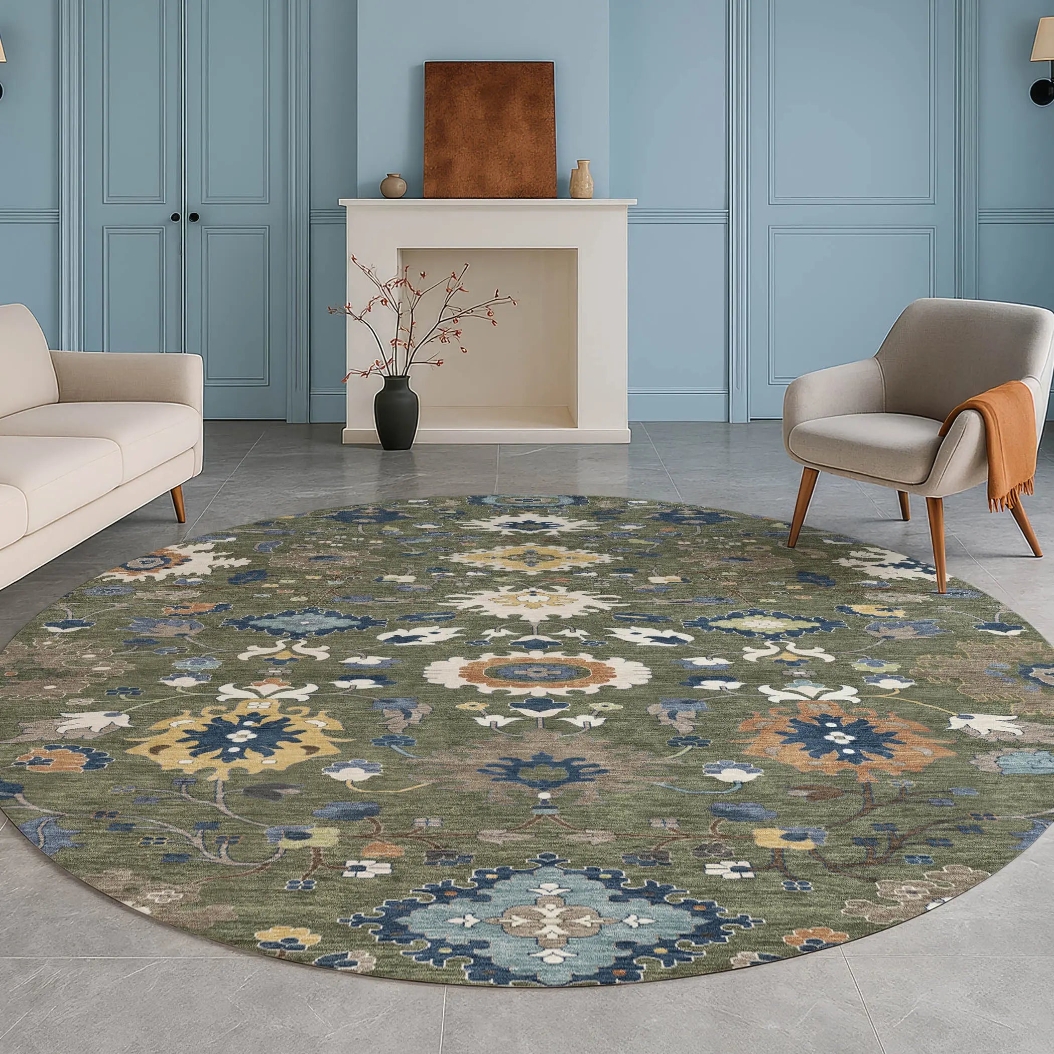 8' Olive Green And Ivory Round Floral Medallion Washable Indoor Outdoor Area Rug Homeroots Outdoor