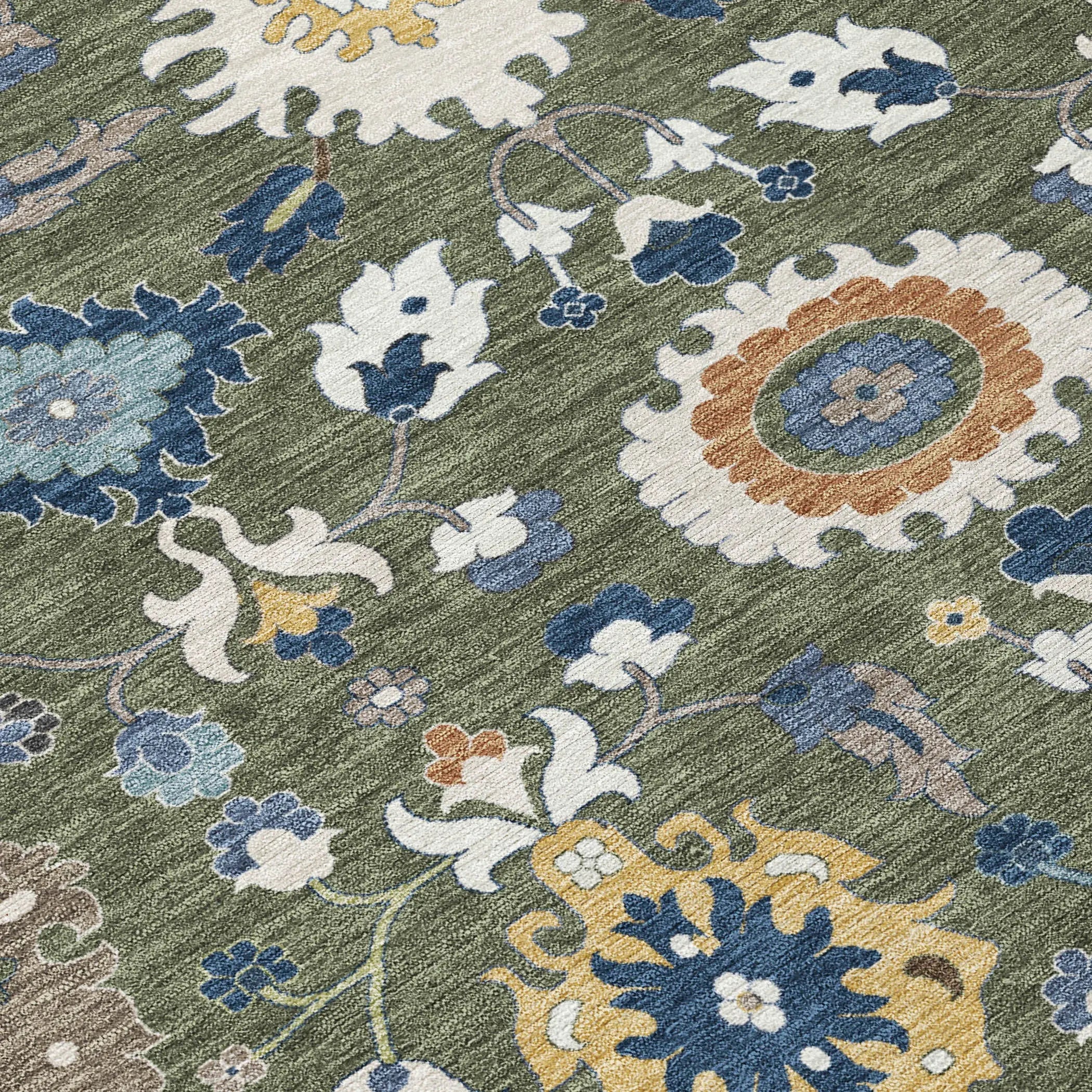 8' Olive Green And Ivory Round Floral Medallion Washable Indoor Outdoor Area Rug Homeroots Outdoor