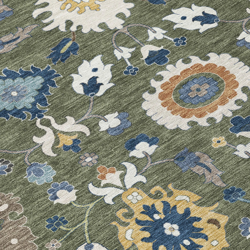 8' Olive Green And Ivory Round Floral Medallion Washable Indoor Outdoor Area Rug Homeroots Outdoor