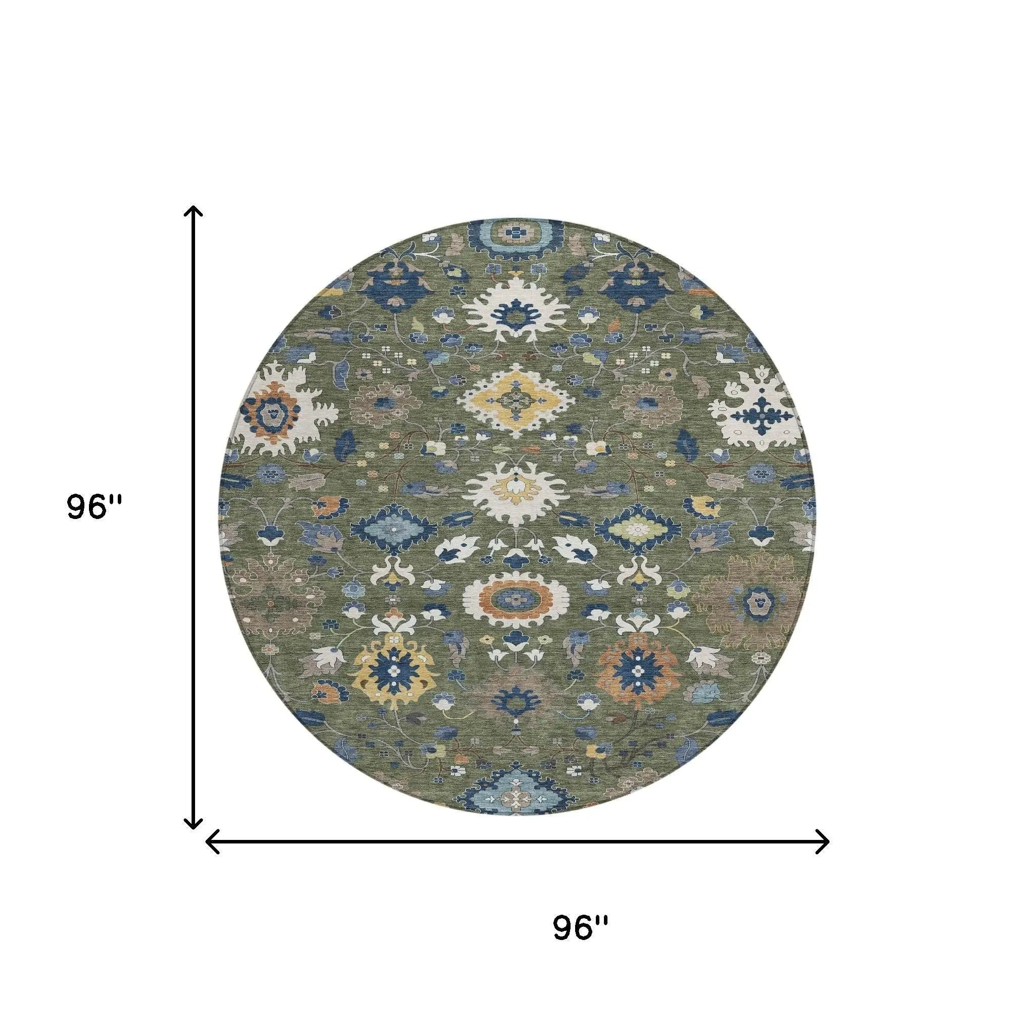 8' Olive Green And Ivory Round Floral Medallion Washable Indoor Outdoor Area Rug Homeroots Outdoor