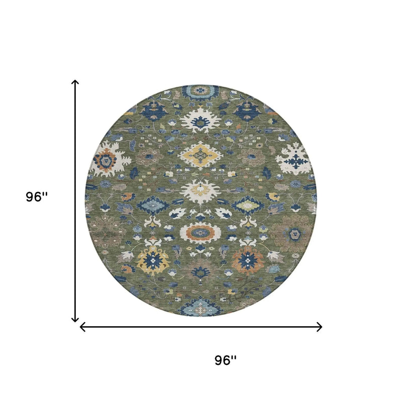 8' Olive Green And Ivory Round Floral Medallion Washable Indoor Outdoor Area Rug Homeroots Outdoor