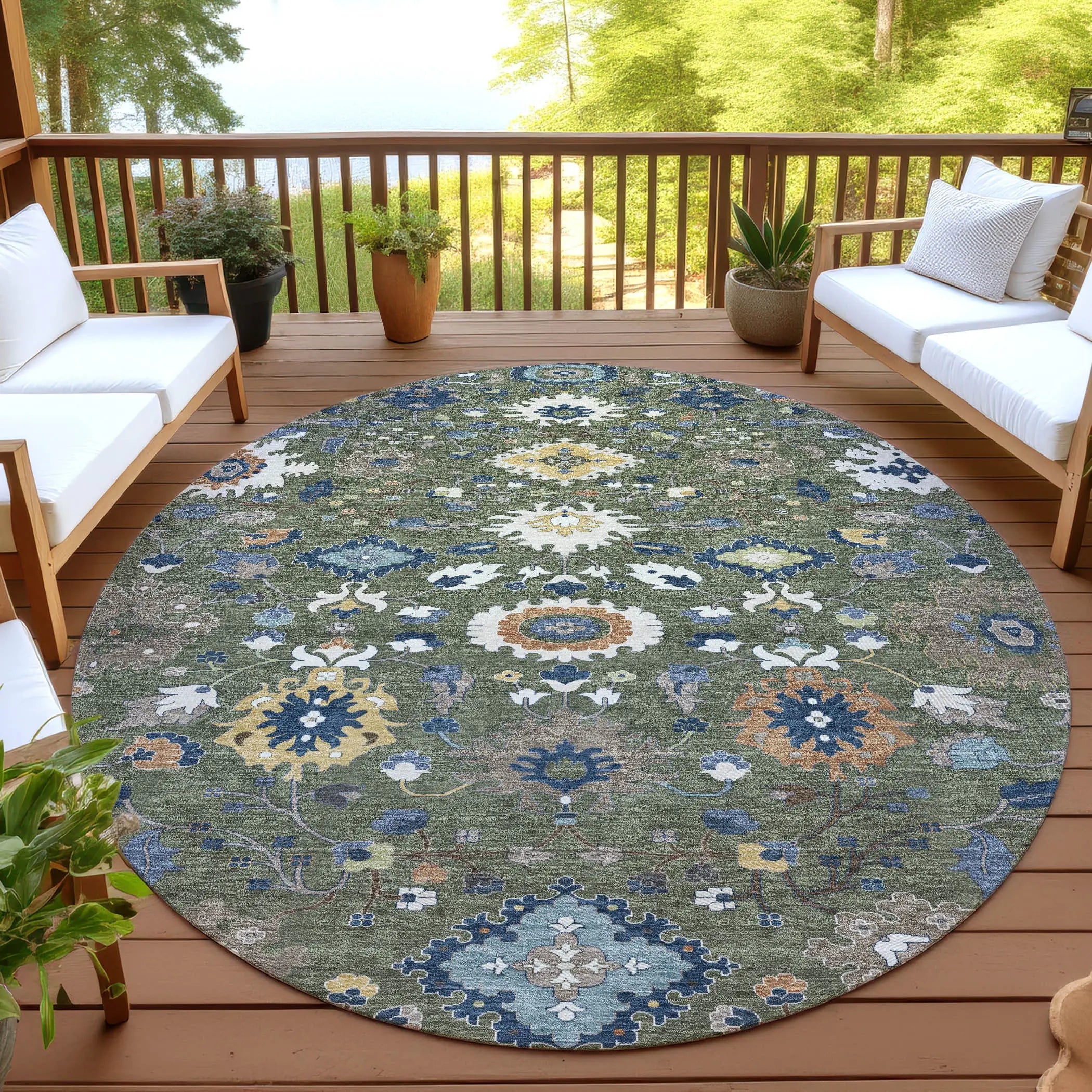 8' Olive Green And Ivory Round Floral Medallion Washable Indoor Outdoor Area Rug Homeroots Outdoor