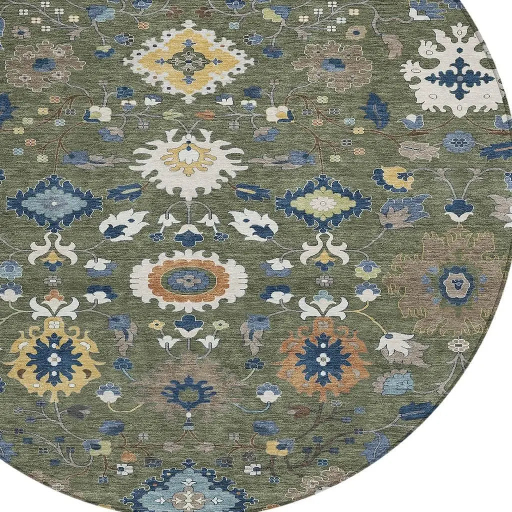 8' Olive Green And Ivory Round Floral Medallion Washable Indoor Outdoor Area Rug Homeroots Outdoor