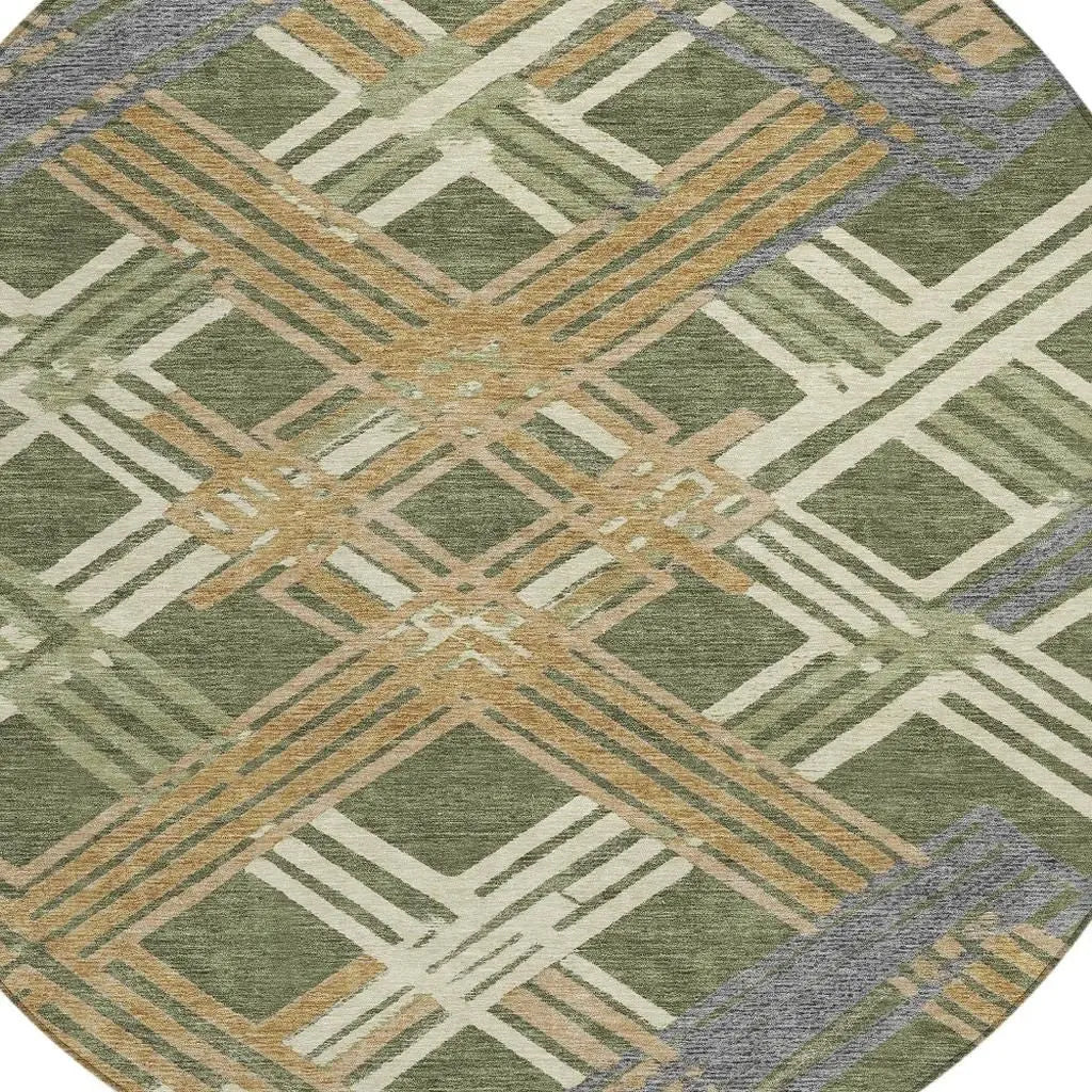 8' Olive Green And Ivory Round Geometric Washable Indoor Outdoor Area Rug Homeroots Outdoor